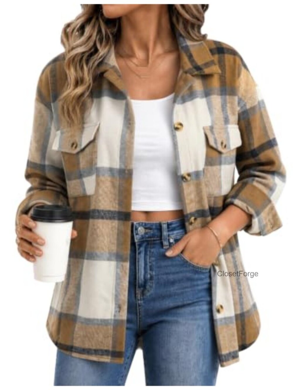 Women's Plaid Shacket Long Sleeve Button Down Jacket
